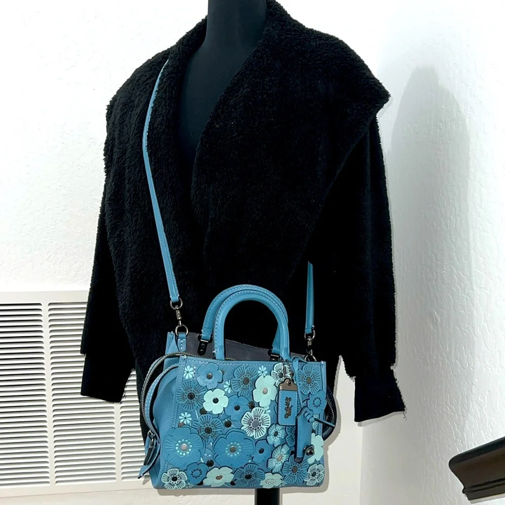 COACH#58840 BLUE TEA ROSE APPLIQUE ROGUE SATCHEL - Picture 4 of 17
